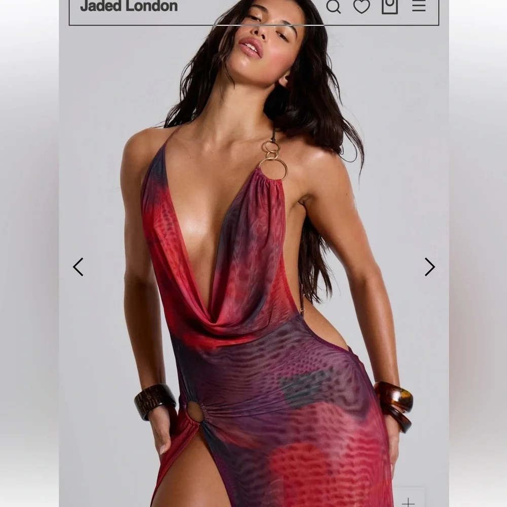 Jaded London Vixen Red Maxi Dress micro mesh print cut out Revolve NWT 2